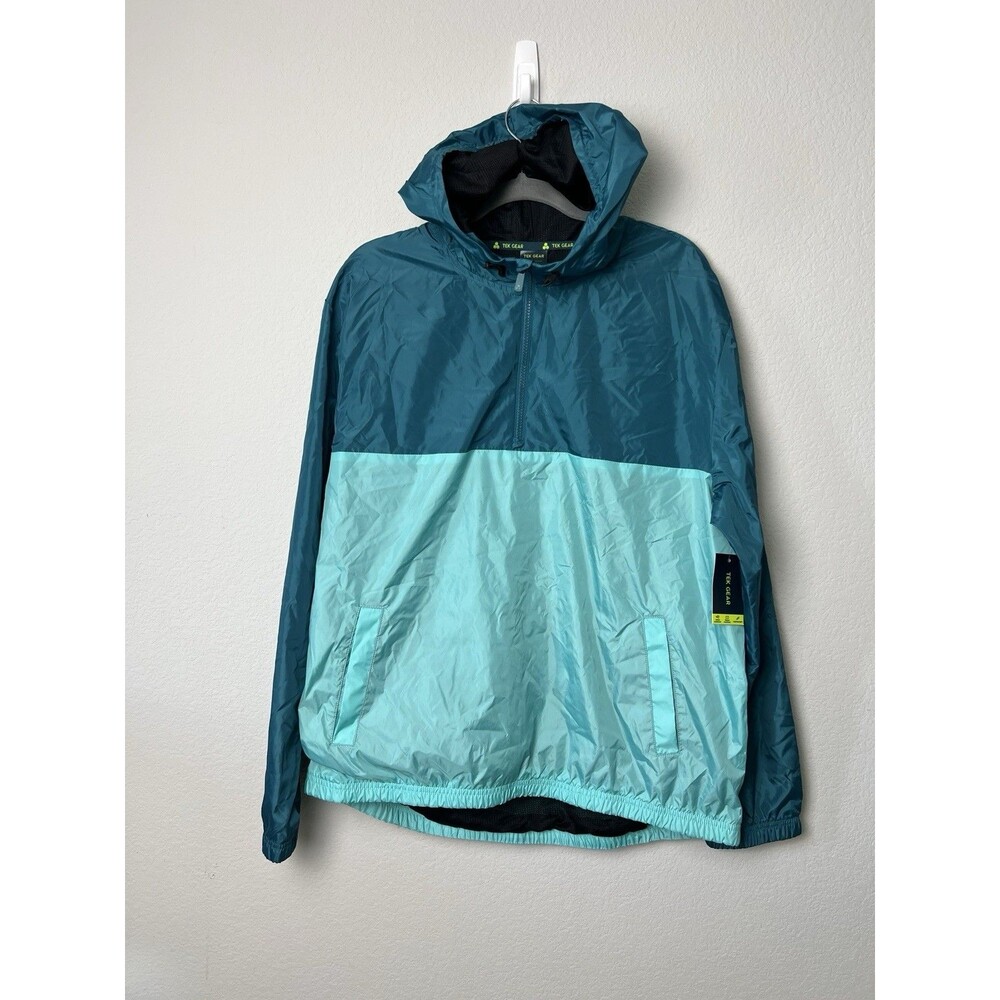Tek Gear Windbreaker Jacket Mens Large Blue Teal Half Zip Hooded
